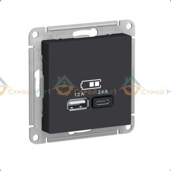 Розетка USB тип A+C 5В/2.4А 2х5В/1.2А механизм карбон Systeme Electric AtlasDesign