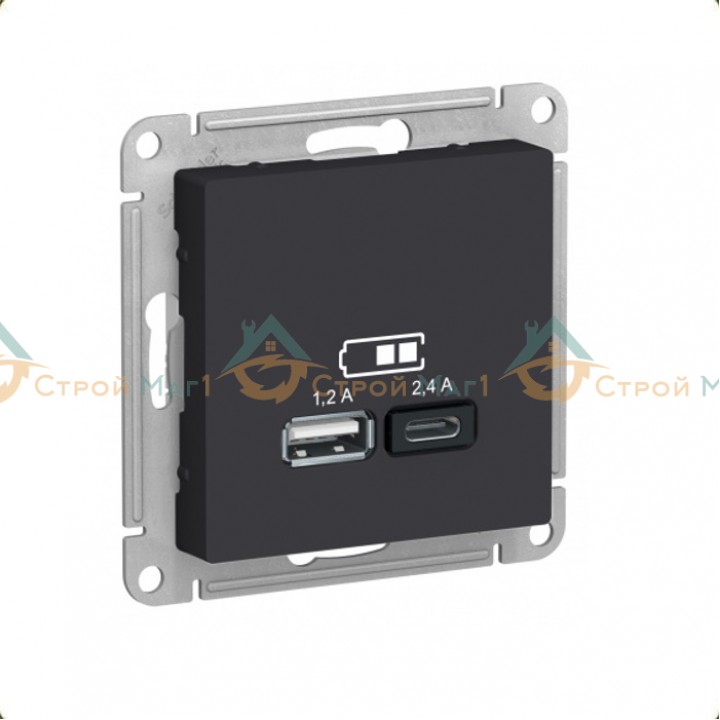 Розетка USB тип A+C 5В/2.4А 2х5В/1.2А механизм карбон Systeme Electric AtlasDesign