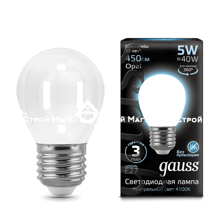 Лампа Gauss LED Filament Globe OPAL E27 5W 4100K