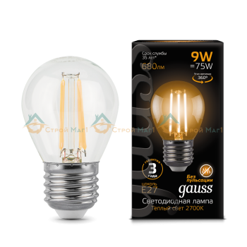 Лампа Gauss LED Filament Globe E27 9W 2700K