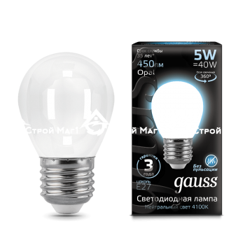 Лампа Gauss LED Filament Globe OPAL E27 5W 4100K