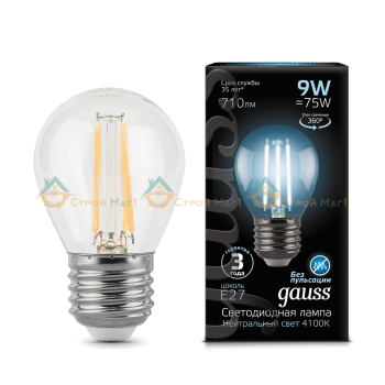 Лампа Gauss LED Filament Globe E27 9W 4100K