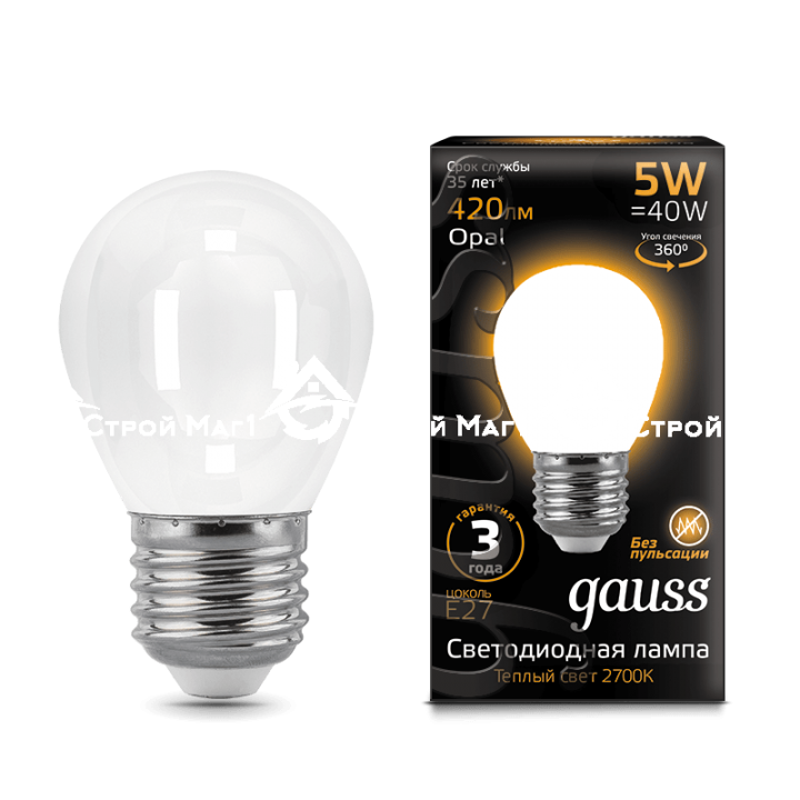 Лампа Gauss LED Filament Globe OPAL E27 5W 2700K