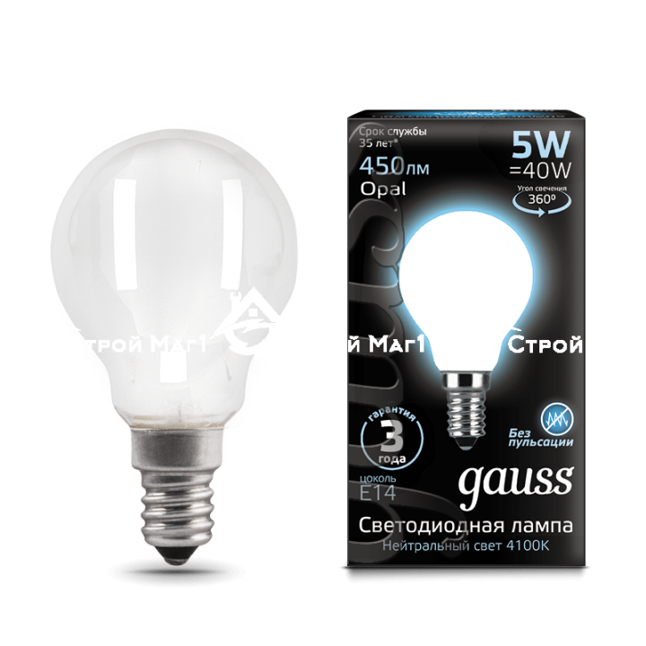 Лампа Gauss LED Filament Globe OPAL E14 5W 4100K