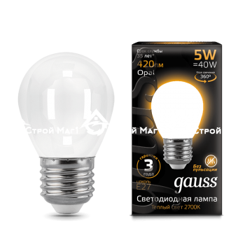 Лампа Gauss LED Filament Globe OPAL E27 5W 2700K