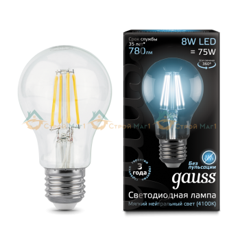 Лампа Gauss LED Filament A60 E27 8W 4100К